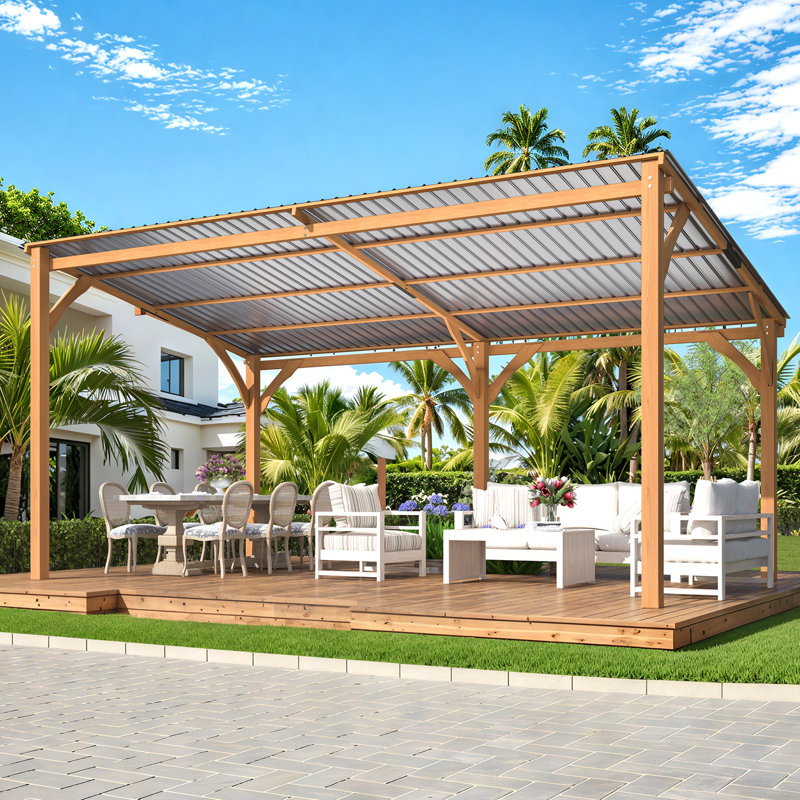 Patio Wood Lean To Hardtop Pergolas, 96.5" H x 192" W x 115" D