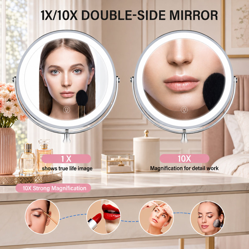 Miroir de maquillage 8 po à DEL double face avec lumières, grossissant 1 / 10X, rotation à 360 degrés, à intensité variable, 3 couleurs d'éclairage, rechargeable, chrome