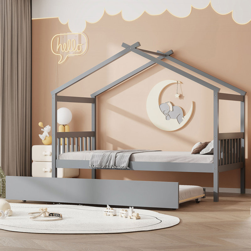 Lit en bois avec lit gigogne simple, Gris, Lit simple