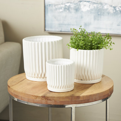 Ensemble de 3 pots à fleurs nervurés en céramique avec soucoupe attachée