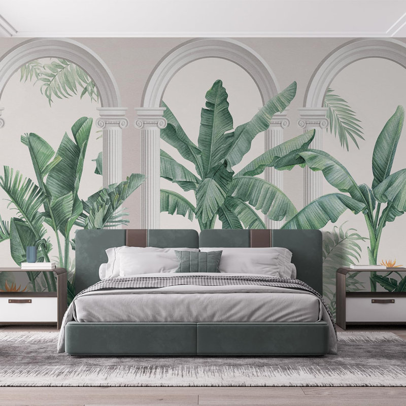 Botanique architecturale élégante avec plantes tropicales et éléments classiques, L 120 po x l 144 po