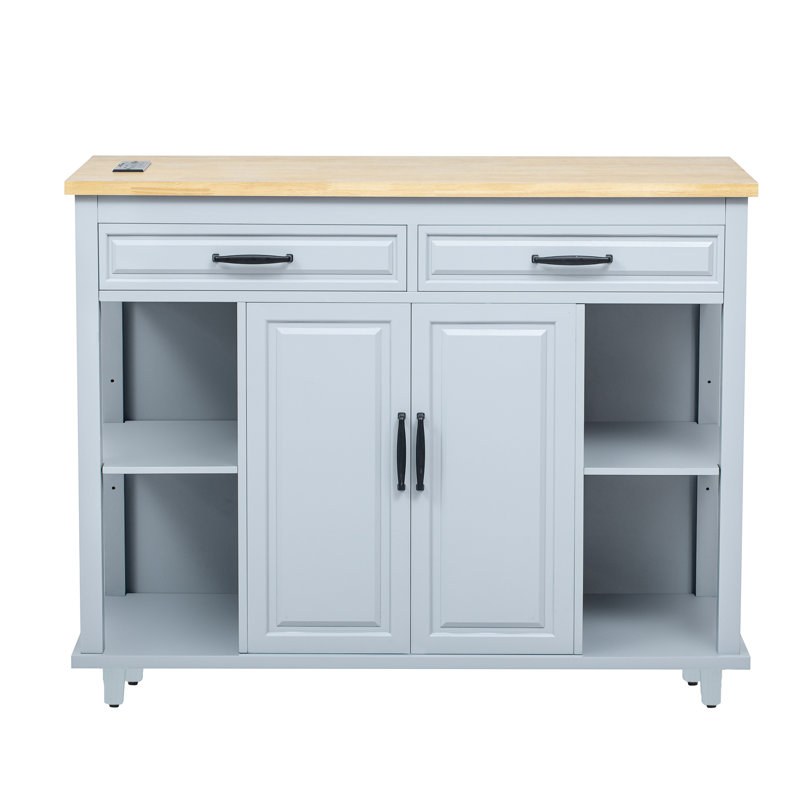Kitchen Island With Rubber Wood Veneer, Extendable Table, 2 Drawers, Cabinets, Internal Storage Rack, Power Outlet, 6+2 Wheels, Mobile Design In Grey Blue, Ample Storage, Full - Extension Rail, Ac