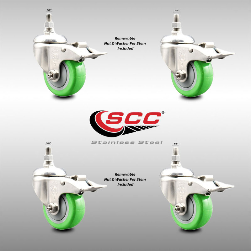 3,5 pouces en polyuréthane vert pivotant 3,5 pouces 3/8 pouces ensemble de roulettes à frein SCC