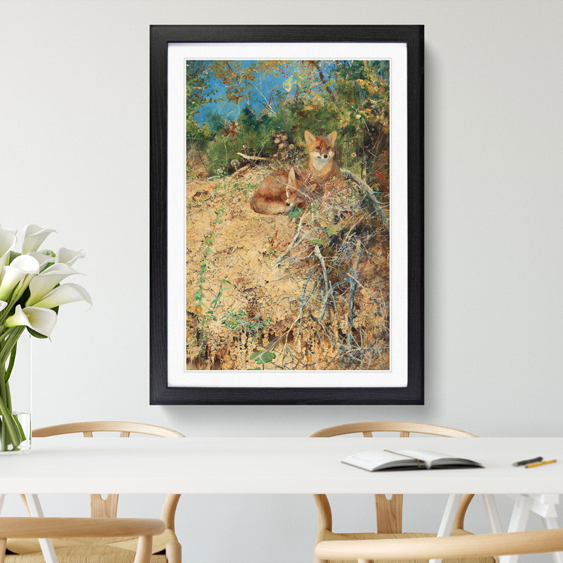 Fox Cubs by Bruno Liljefors - Picture Frame Painting, 36cm H x 27cm W x 2cm D, Black Framed