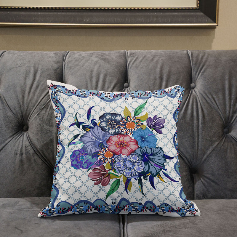 Coussin 20 x 20, Motif floral bleu/blanc