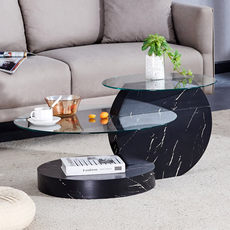 Table basse gigogne moderne Varese, Clair, Marbre noir, H 17 po x L 35,4 po x l 27,5 po