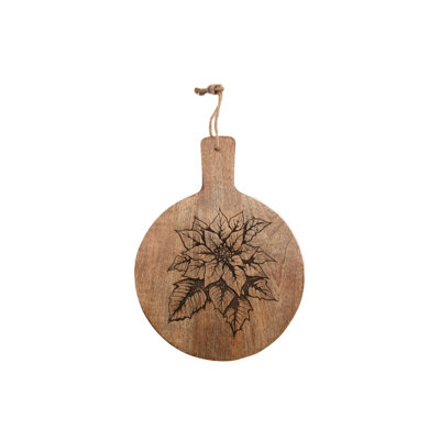 10" Mango Wood Round Etched Cheese Board Poinsettia