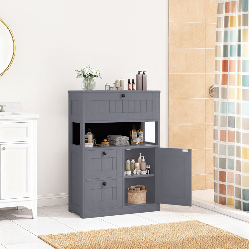 Armoire de rangement moderne à 3 tiroirs avec tablette réglable et présentoir ouvert, Gris