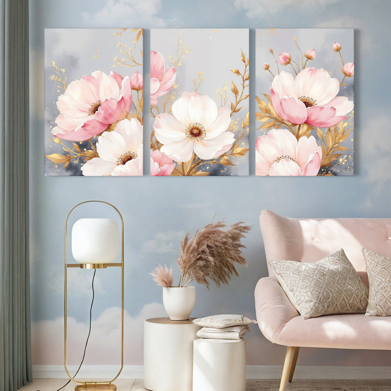Tableau sur toile à motifs floraux rose poudré avec accents dorés (lot de 3), H 18 po x l 36 po