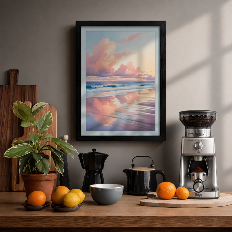 Dawn Beach Reflections Coastal - Print, A1 - 84.1 x 59.4 cm, Black