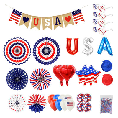 57 pièces du 4 juillet, ensemble de décorations patriotiques, articles de fête de la fête de l'Indépendance avec les États-Unis Ballons en aluminium Fans de papier Ballons de confettis suspendus Banderoles Drapeaux de confettis étoilés pour le Jour du Souvenir