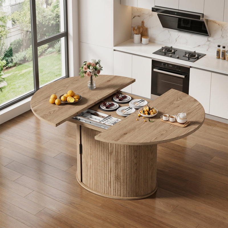 Table de salle à manger extensible ronde à ovale de 43 à 59 po avec rangement caché, table de cuisine moderne en bois avec armoire à porte coulissante cannelée, table de salle à manger extensible pour le salon de la salle à manger
