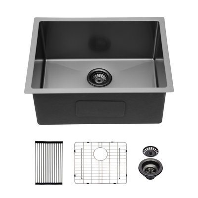 Évier de cuisine noir en acier inoxydable 23 pouces 23 pouces, acier inoxydable T304 de calibre 16 Nano, profondeur 10 pouces, coins arrondis R10, revêtement pour la condensation, coussin en caoutchouc de 3 mm, avec support de séchage, 23, 10