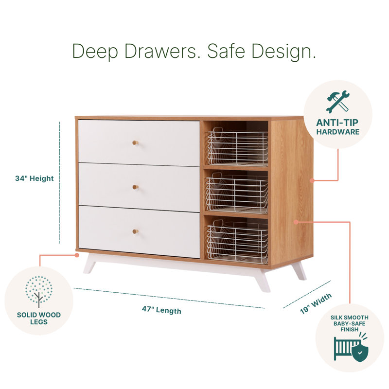 dadada Central Park 3-Drawer Dresser with Open Shelving - Modern Design, Baby-Safe Finish, Forged Steel Support, Sturdy Wood Legs, for Nursery, Kids or Teen Room, 47” Wide (White/Red Oak)