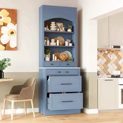 83.7Inch High Kitchen Pantry, Freestanding Tall Kitchen Hutch With Faux Marble Top, Display Cupboard Cabinet With 5 Storage Drawers And Adjustable Shelf