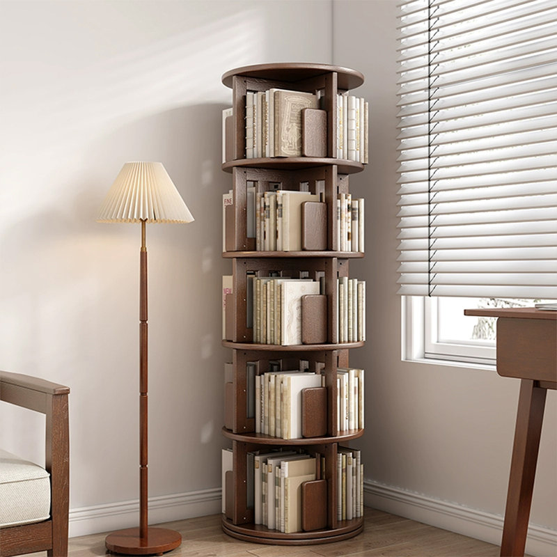 Bibliothèque rotative en bois massif noyer, Noyer, (5 tablettes) H 63,58 po x l 17,91 po x P 17,91 po