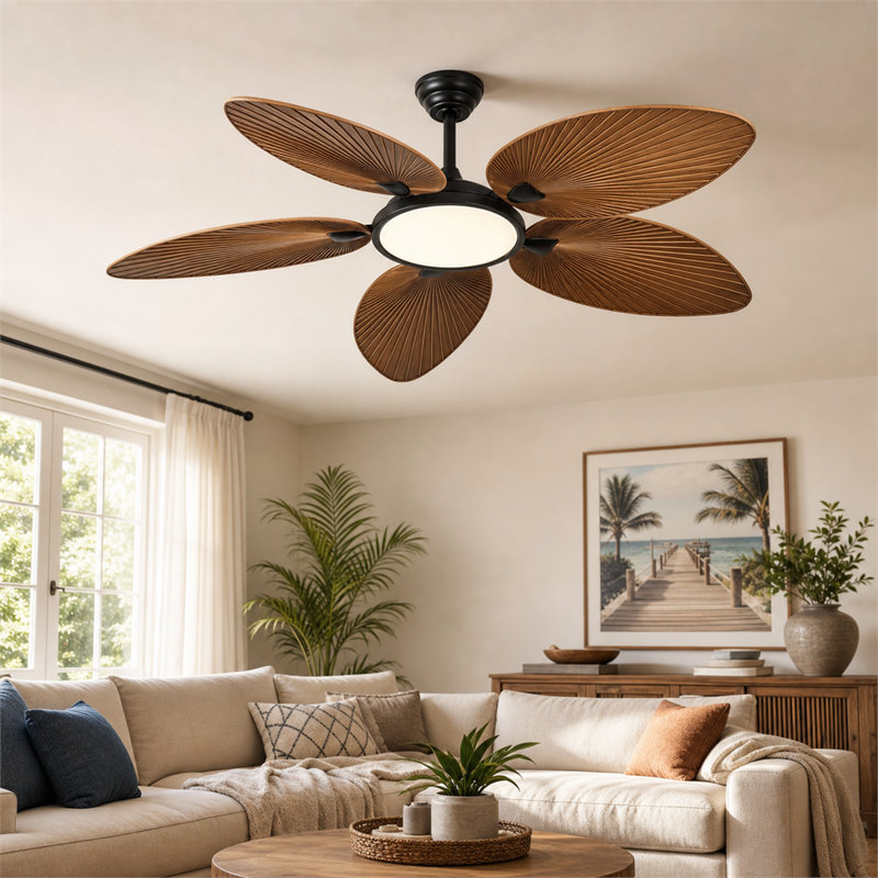 Ventilateur de plafond tropical noyer à 5 feuilles de palmier avec moteur DEL