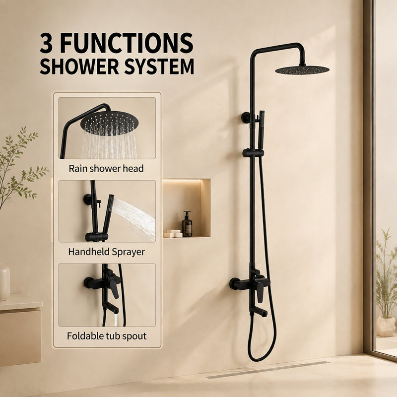 Wall Mount Rainfall Shower System With Handheld Spray, Matte Black