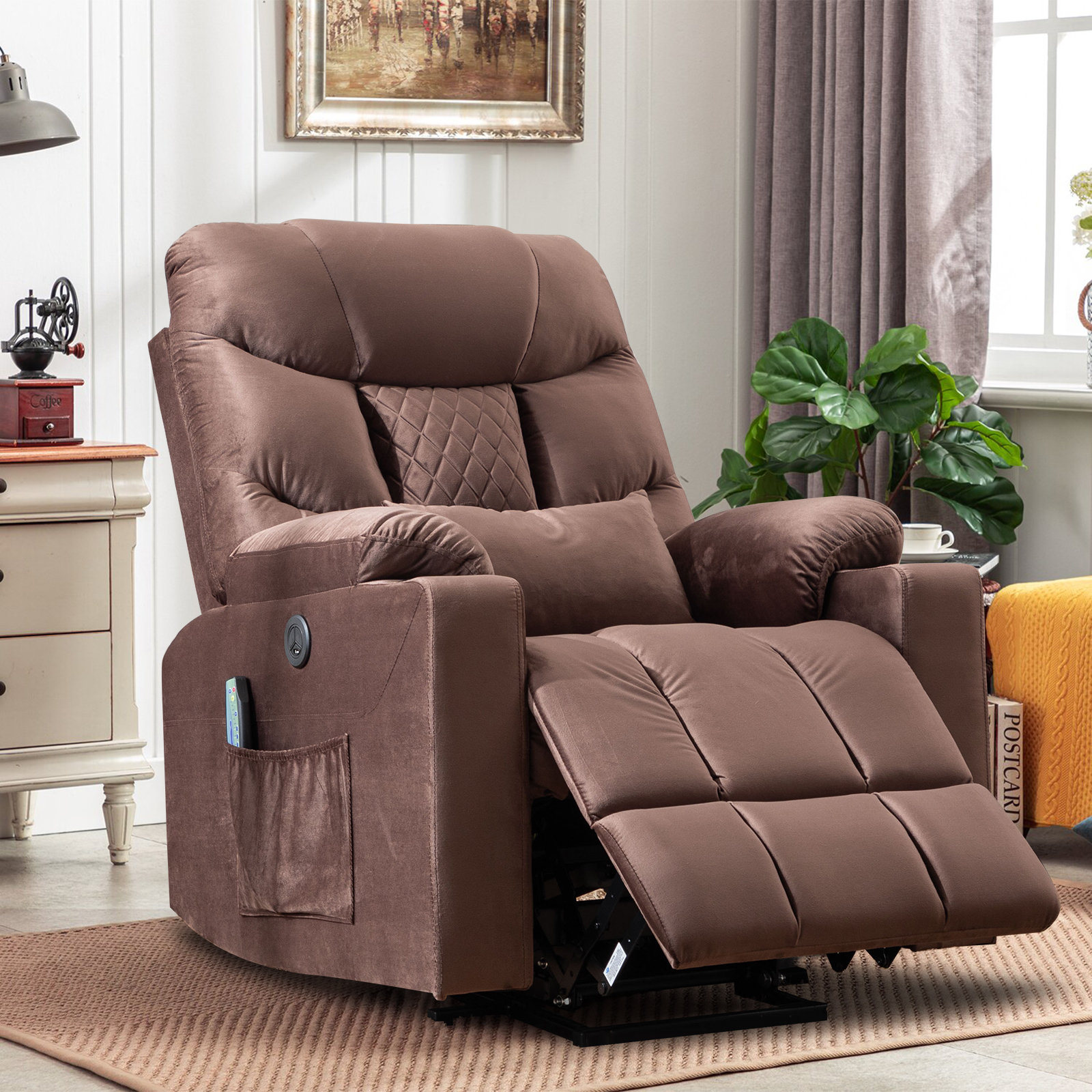 Velvet Power Lift Recliner Chair with Massage and Heat for Elderly, Pillow Included Latitude Run Fabric: Brown Velvet