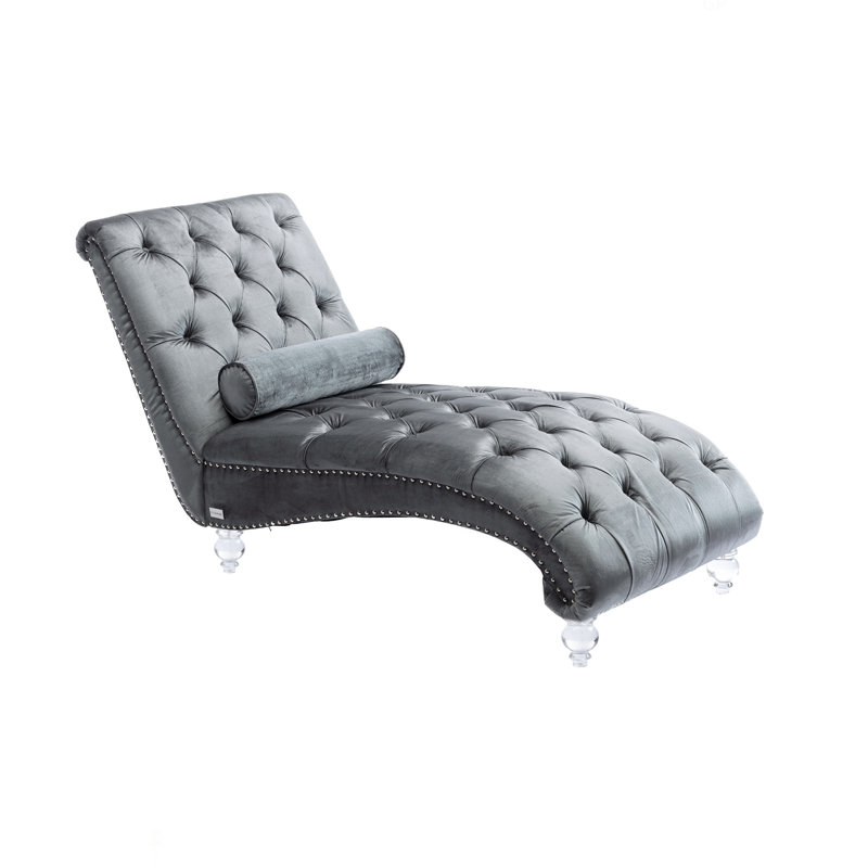 Velvet Chaise Lounge Indoor,Button-Tufted Upholstered Chaise Lounge Chair With Pillow For Bedroom Living Room Office, Silver