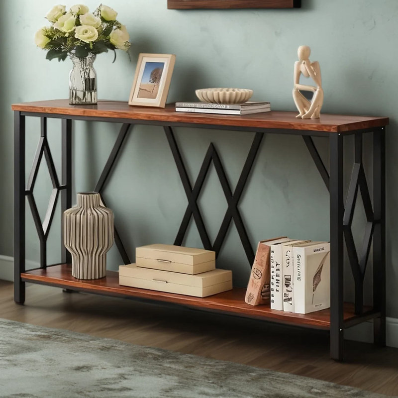 Console d'entrée rustique avec tablettes ouvertes à 2 niveaux, canapé de rangement large pour le salon et le couloir, structure en bois d'ingénierie et en métal