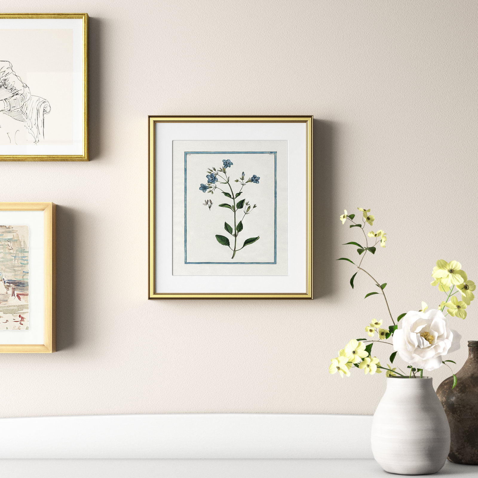 Colombe "Soft Botanical I" Print, Gold Framed, 14.25" W x 16.25" H