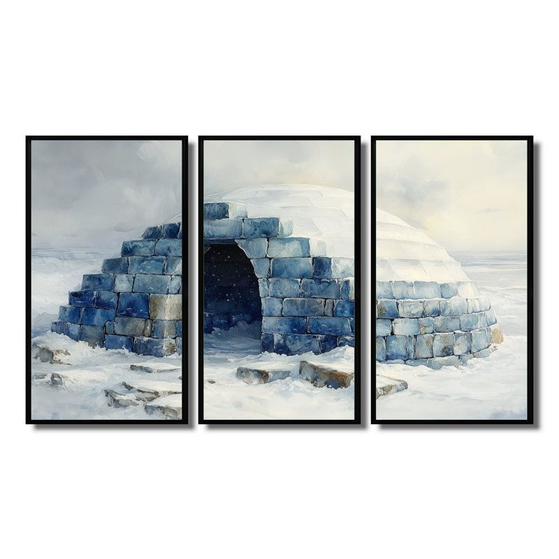 Igloo in Blue and White Tones III - Winter Landscape, impression d'art mural, Toile avec cadre flottant noir