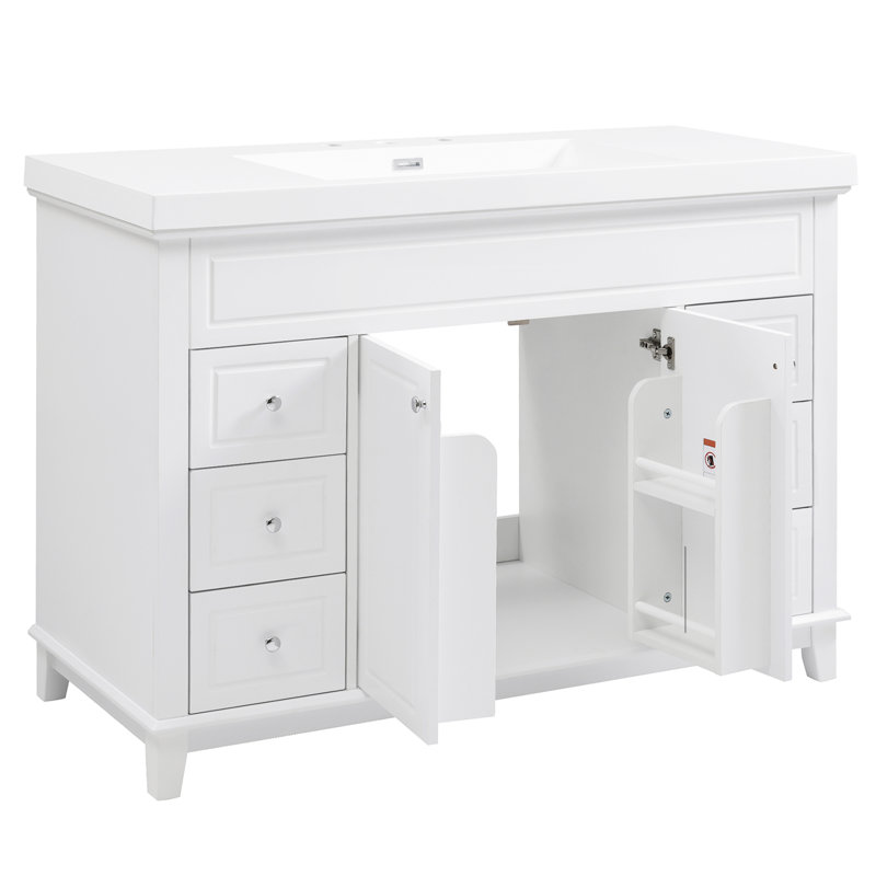 Meuble-lavabo de salle de bain de 122 cm (48 po) avec lavabo en résine, 6 tiroirs à fermeture amortie et portes doubles, blanc