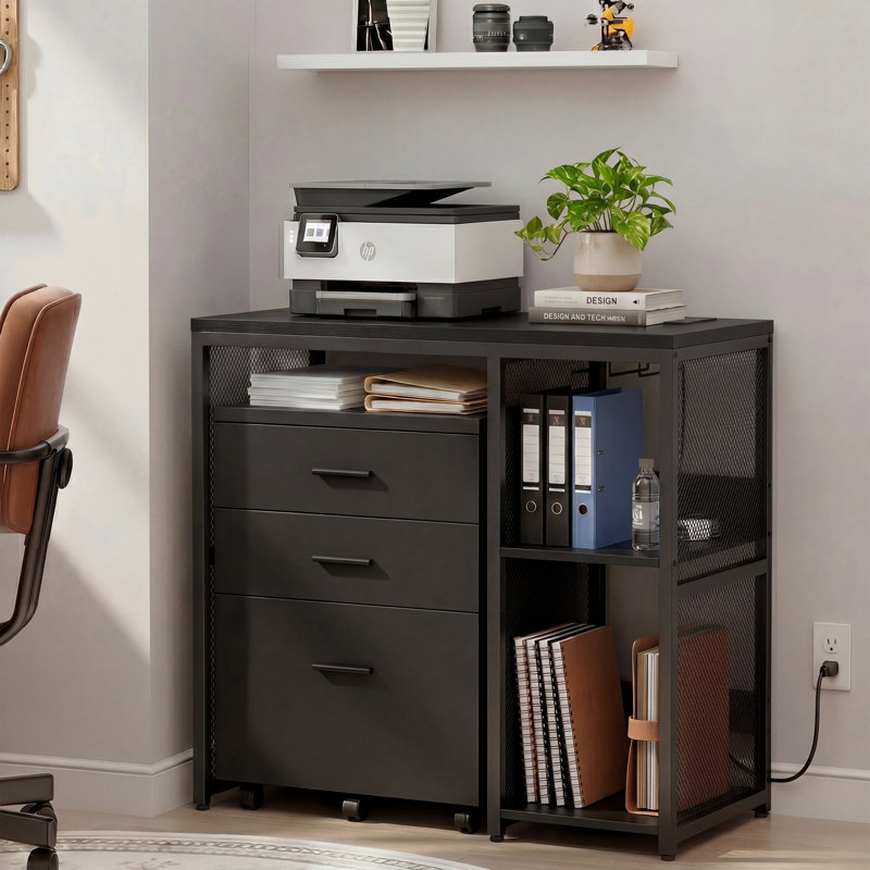 Industrial Coffee Bar Cabinet with Mini Fridge Space, Wine Storage & Built-in Power Outlet, Freestanding Liquor Cabinet for Dorm Living Room Kitchen‌