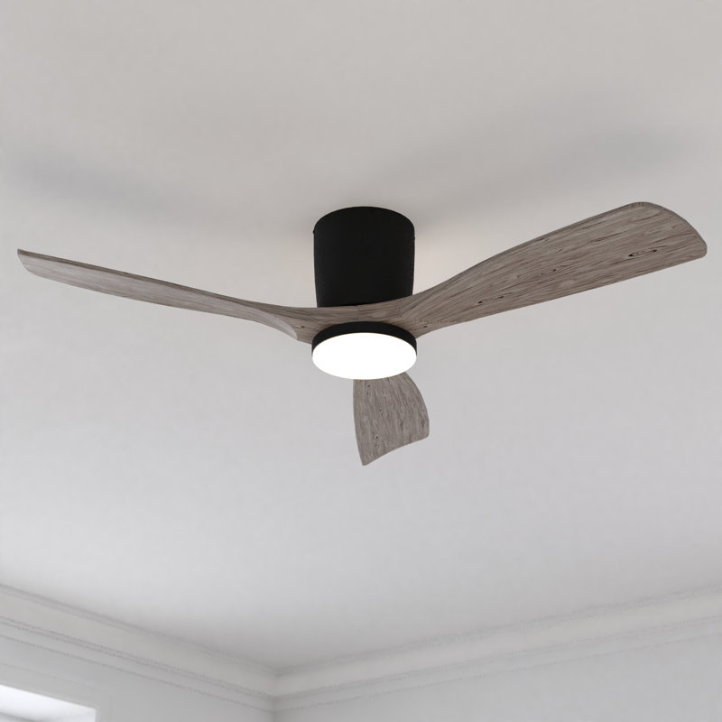  Maplewood 52 in. Matte Black Indoor Low Profile Flush Mount Ceiling Fan with Light Oak Blades, Integrated LED Light Kit and Remote Control Included, 6 Speed Energy Efficient DC Motor