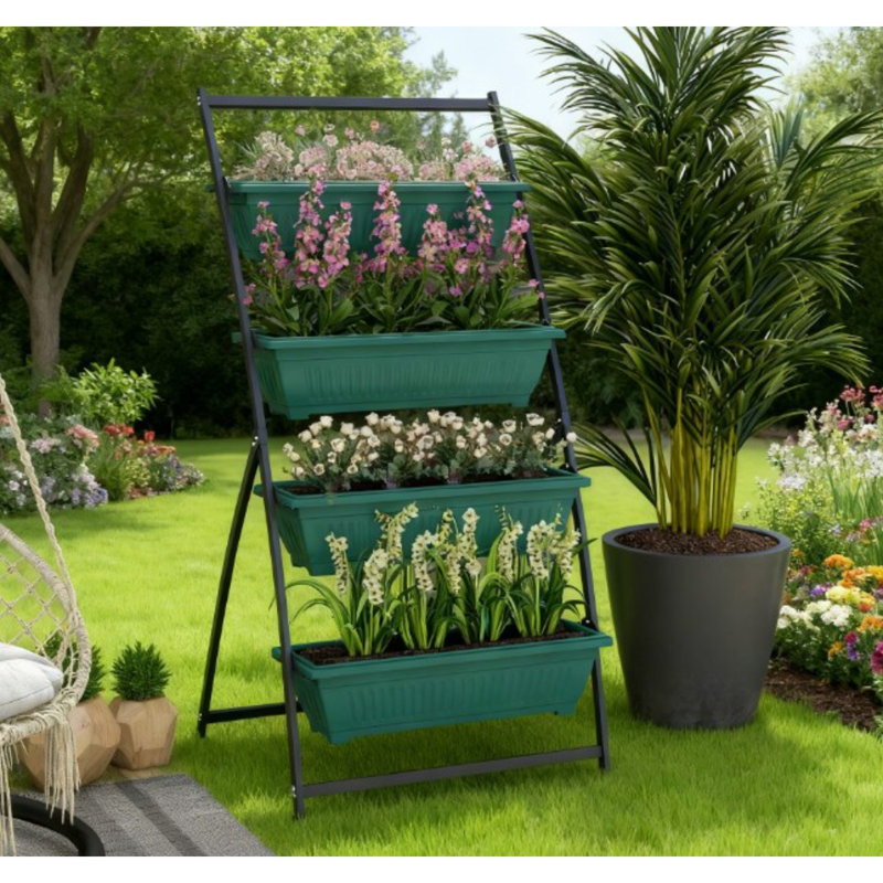 Green Raised Garden Bed Planter Box 4-Tier Vertical Steel/Polypropylene Self-Draining Stackable Planter 31"Dx30"Wx63.8"H