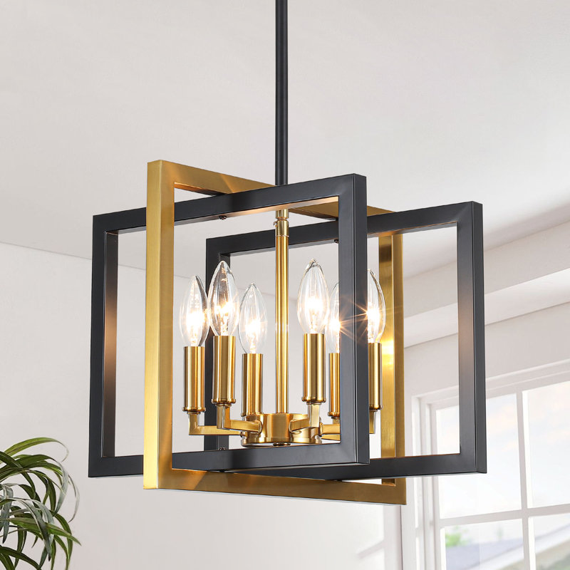 Lustre à 6 lumières de 15 po de style bougie géométrique à intensité variable avec cadre ouvert et carré pour îlot de cuisine et entrée 