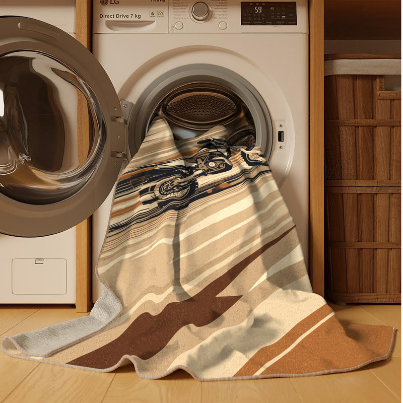 Machine Washable Vehicles And Transportation Offroad Dirt Bike Modern Rustic Striped Rug in Brown – Beige Binding, 5x7