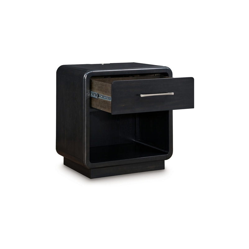 Robeck Nightstand, 1 Drawer, Black 26 Inch, Silver Metal Handles