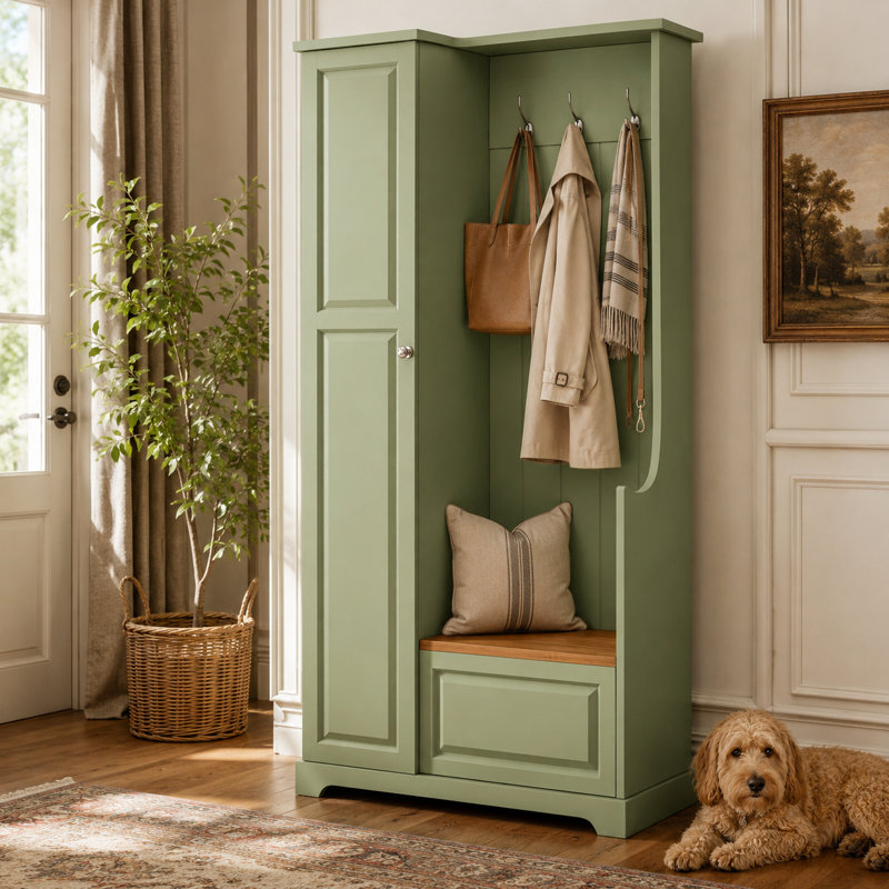 Arbre d'entrée Estate avec banc de rangement rabattable, armoire haute avec tablettes réglables et fixes et quincaillerie anti-basculement