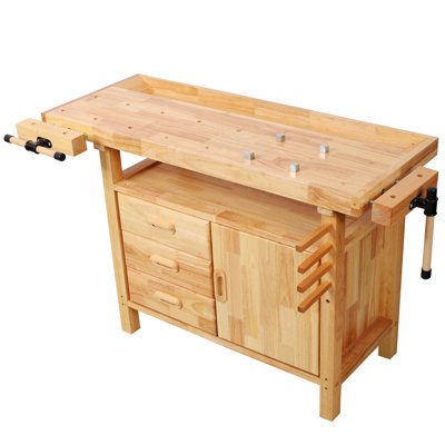 Professional Rubberwood Solid Wood Workbench-3 Drawers, 1 Cabinet Door & Open Shelf, Natural Finish for Garage, Woodworking Carpenter Workshop & Home Use