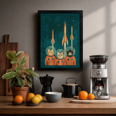 Astronauts and Golden Rockets Mid-Century - Framed Print