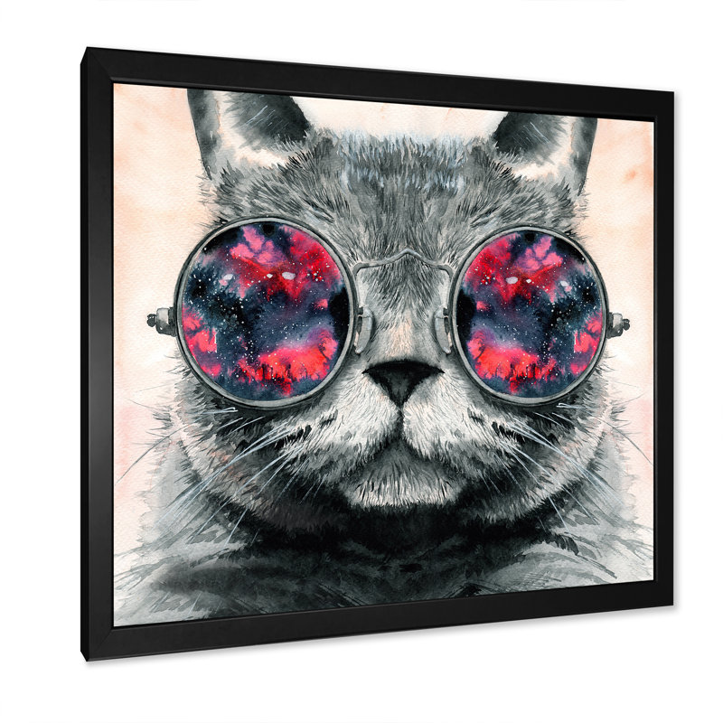 «Grey Fluffy Cat In Round Hippie Glasses III», reproduction d'art sur toile moderne, H 16 po x l 16 po x P 1 po, Cadre noir