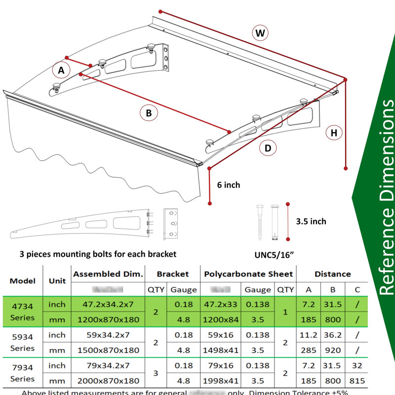 Auvent 47 po x 34 po. Polycarbonate et aluminium. Fabrication robuste. Chauffer. Extérieur. Auvent brun foncé - avec système de fixation stable Upf80 +