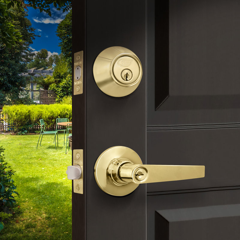Levers With Deadbolt Reversible Entry Set, Polished Brass