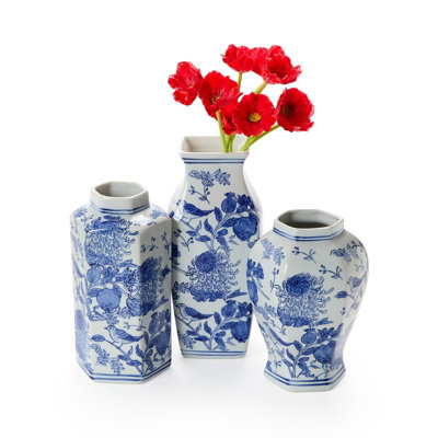 Chrysanthemum Hand Painted Blue and White Chinoiserie Porcelain Vase Set of 3 Decorative Floral Vases-12.25"H