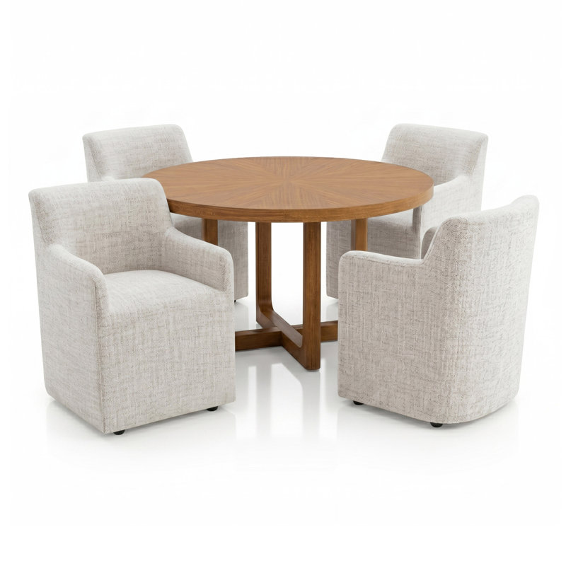 Ensemble de salle à manger rond Jennifer 5 pièces en bois massif avec motif soleil