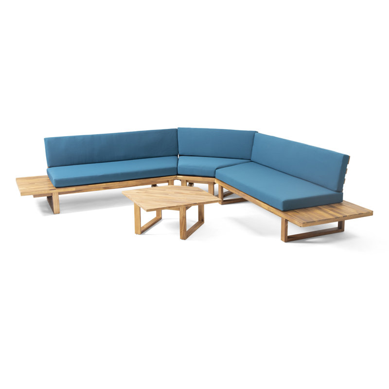 Ensemble de conversation modulaire en rotin avec coussins 4 pièces Akima, Bleu sarcelle / bleu sarcelle foncé