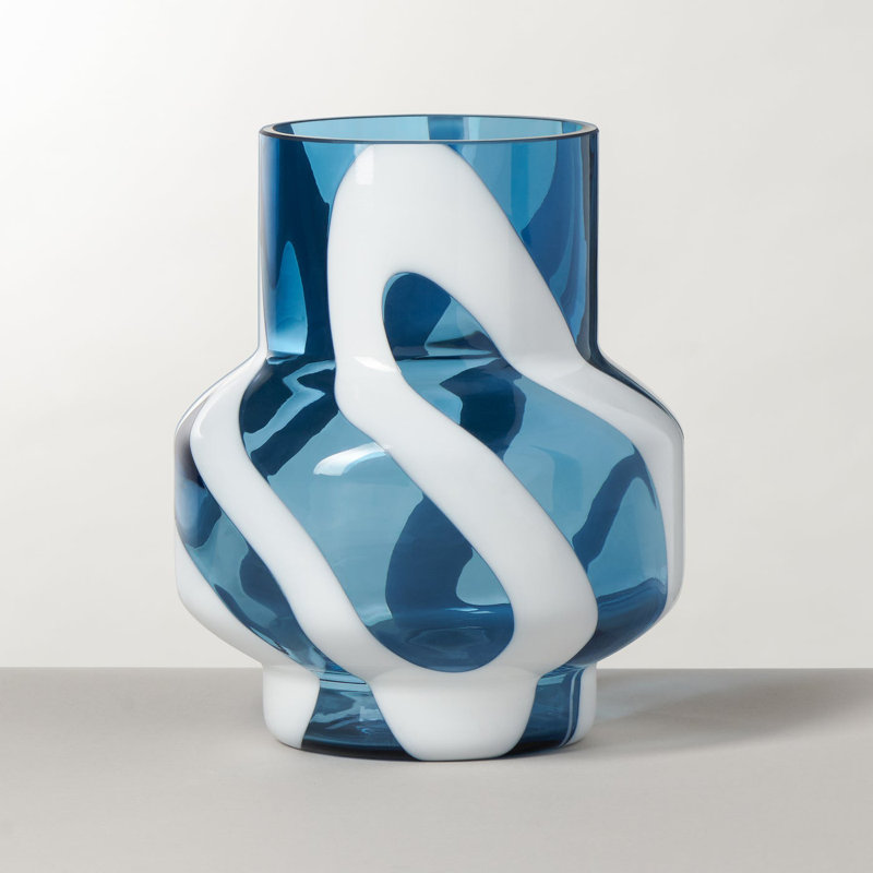 8" Blue Clear Glass Round Vase, Blue, 8 inch