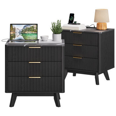 Ensemble de 2 tables de chevet cannelées 24 po, table d'appoint large avec station de charge, 3 grands tiroirs de rangement et poignée en métal, table de chevet naturelle pour chambre à coucher, salon, noir