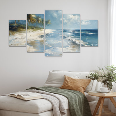 «Blue Green Palm Trees Coastal Breeze V», ensemble d'art mural sur toile palmiers et palmiers