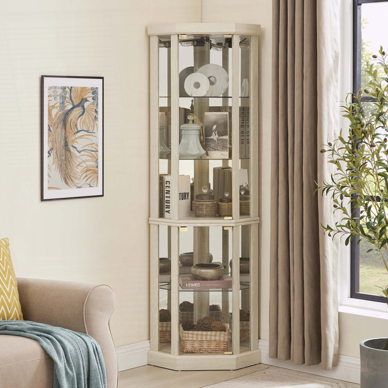 Corner Curio Cabinet with Light and Adjustable Glass Shelves, White