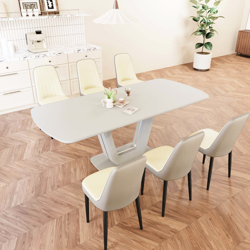 Table de salle à manger extensible 62,99 à 78,74 po avec 6 chaises en tissu polyuréthane, pieds en forme de U, idéale pour travailler 2 à 8 personnes, grands groupes confortables