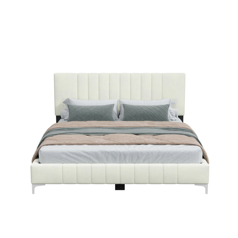 Jineane Upholstered Velvet Panel Headboard Design Bed, Queen, Cream/Silver