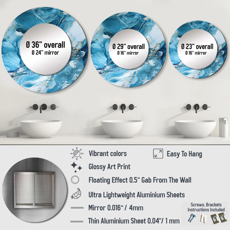 Blue White Oceanic Allure Marble Pattern - marble  Wall Mirror, Blue Round Decorative Mirror, Printed Metal Art, 29" x 29"